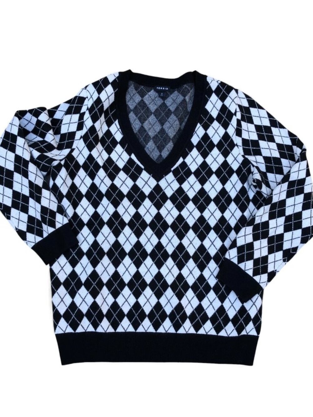 TORRID Argyle Sweater Women's 0 Sweatshirt V Neck Long Sleeve Black White Rayon